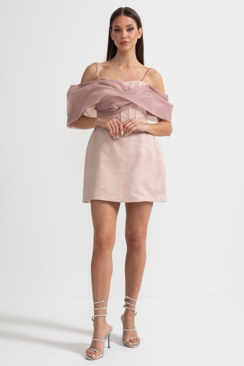 Elbise Vücuda Oturan Gövde, Patterned Fabric ve Transparan Drapeli Katmanlı - Pembe - Phentora
