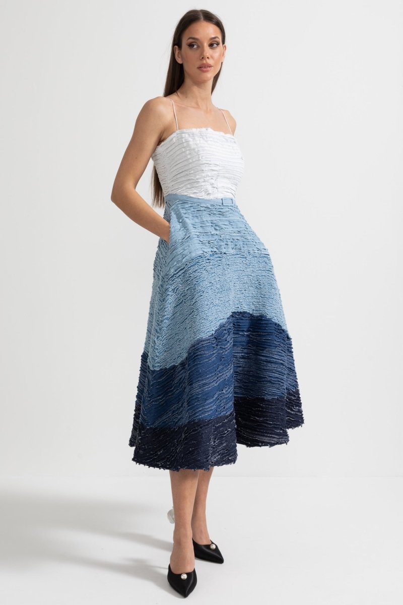 Midi Elbise Dokulu Katmanlı Fabric - Beyaz - Mavi - Phentora