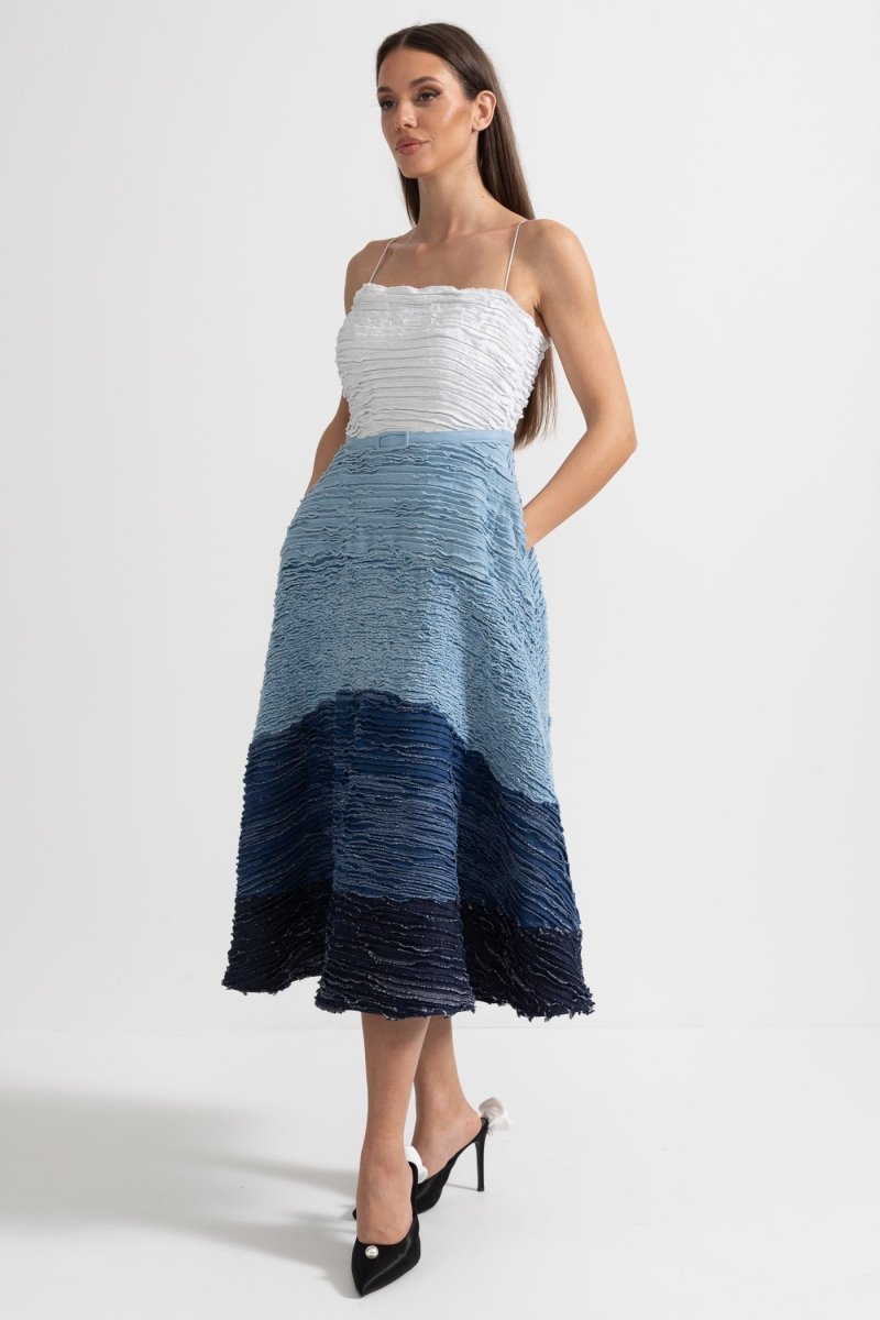 Midi Elbise Dokulu Katmanlı Fabric - Beyaz - Mavi - Phentora