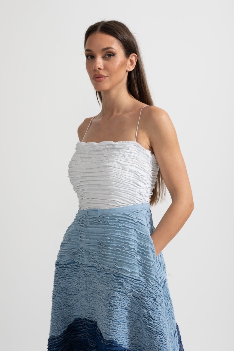 Midi Elbise Dokulu Katmanlı Fabric - Beyaz - Mavi - Phentora