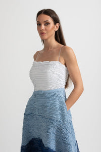 Midi Elbise Dokulu Katmanlı Fabric - Beyaz - Mavi - Phentora
