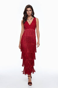 Kırmızı Kolsuz Dantel Uzun Elbise - Phentora