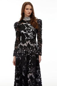 Siyah Çiçek Desenli İşlemeli Uzun Elbise - Phentora