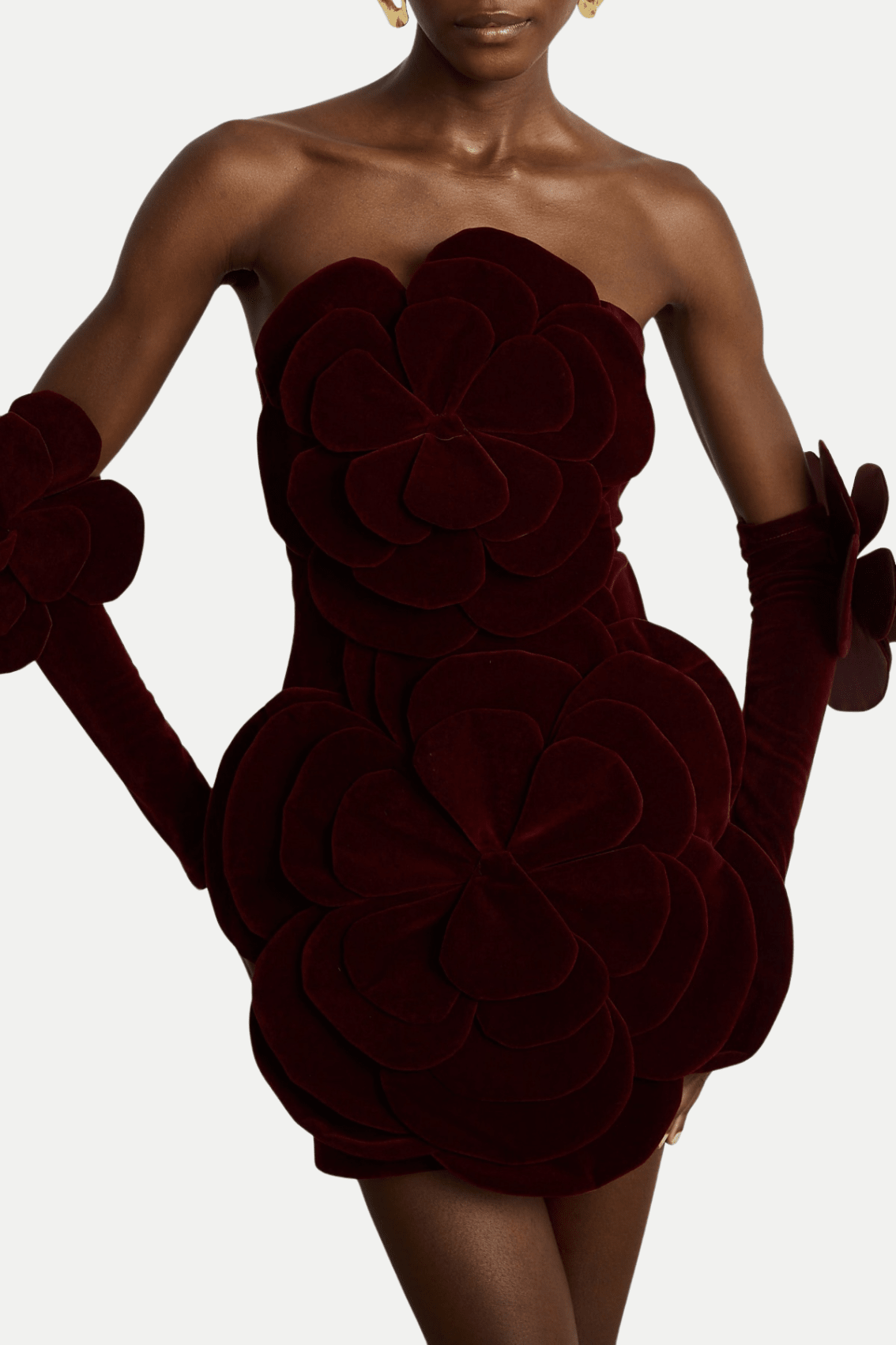Kerio Çiçek Desenli Appliqué Kadife Mini Elbise - Kırmızı - Phentora