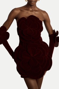 Kerio Çiçek Desenli Appliqué Kadife Mini Elbise - Kırmızı - Phentora