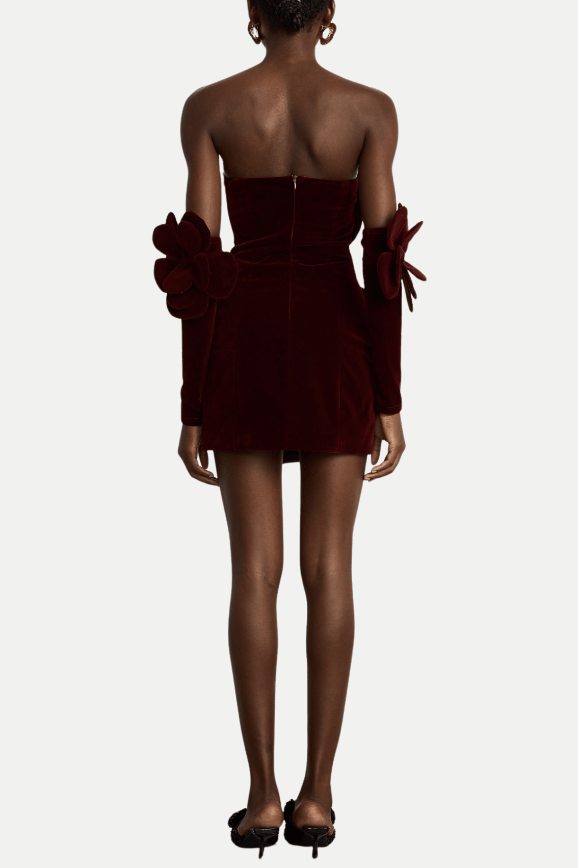 Kerio Çiçek Desenli Appliqué Kadife Mini Elbise - Kırmızı - Phentora