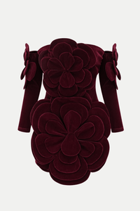 Kerio Çiçek Desenli Appliqué Kadife Mini Elbise - Kırmızı - Phentora