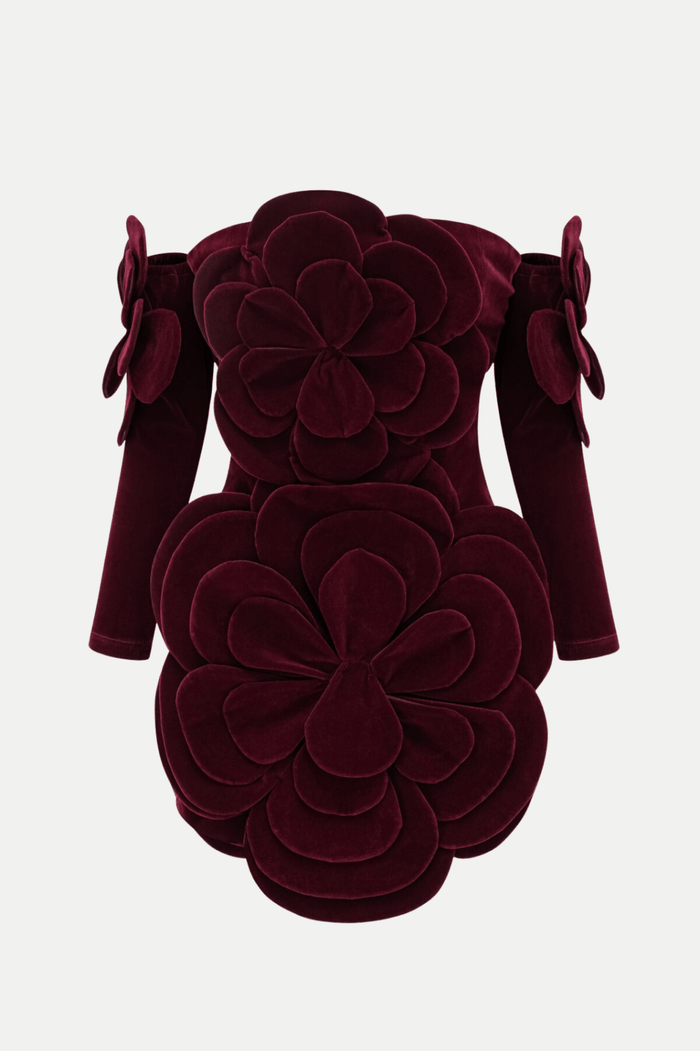 Kerio Çiçek Desenli Appliqué Kadife Mini Elbise - Kırmızı - Phentora