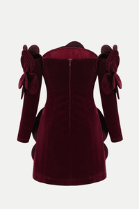 Kerio Çiçek Desenli Appliqué Kadife Mini Elbise - Kırmızı - Phentora