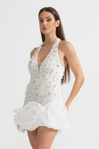 Mini Elbise Derin V Yaka - neckline ve İntricate İnci ve Boncuk İşleme Detaylı - Beyaz - Phentora