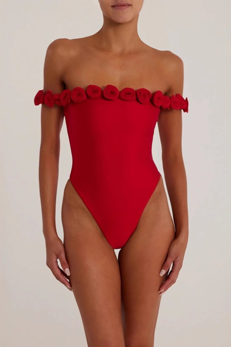 3D Çiçek Straplez Body - Kırmızı - Phentora