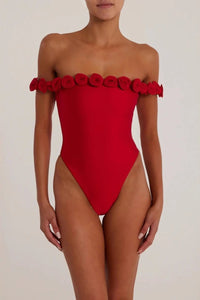 3D Çiçek Straplez Body - Kırmızı - Phentora