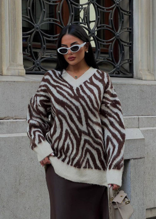 Charm Zebra Desenli Oversize Kazak - Phentora