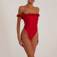 3D Çiçek Straplez Body - Kırmızı - Phentora