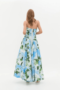 Mavi Ortanca Desenli Çiçek Desenli Pileli Uzun Elbise - Phentora
