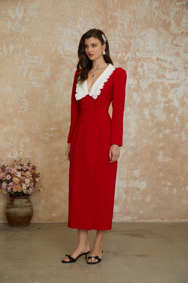 Kırmızı Kruvaze Blazer Midi Elbise - Phentora