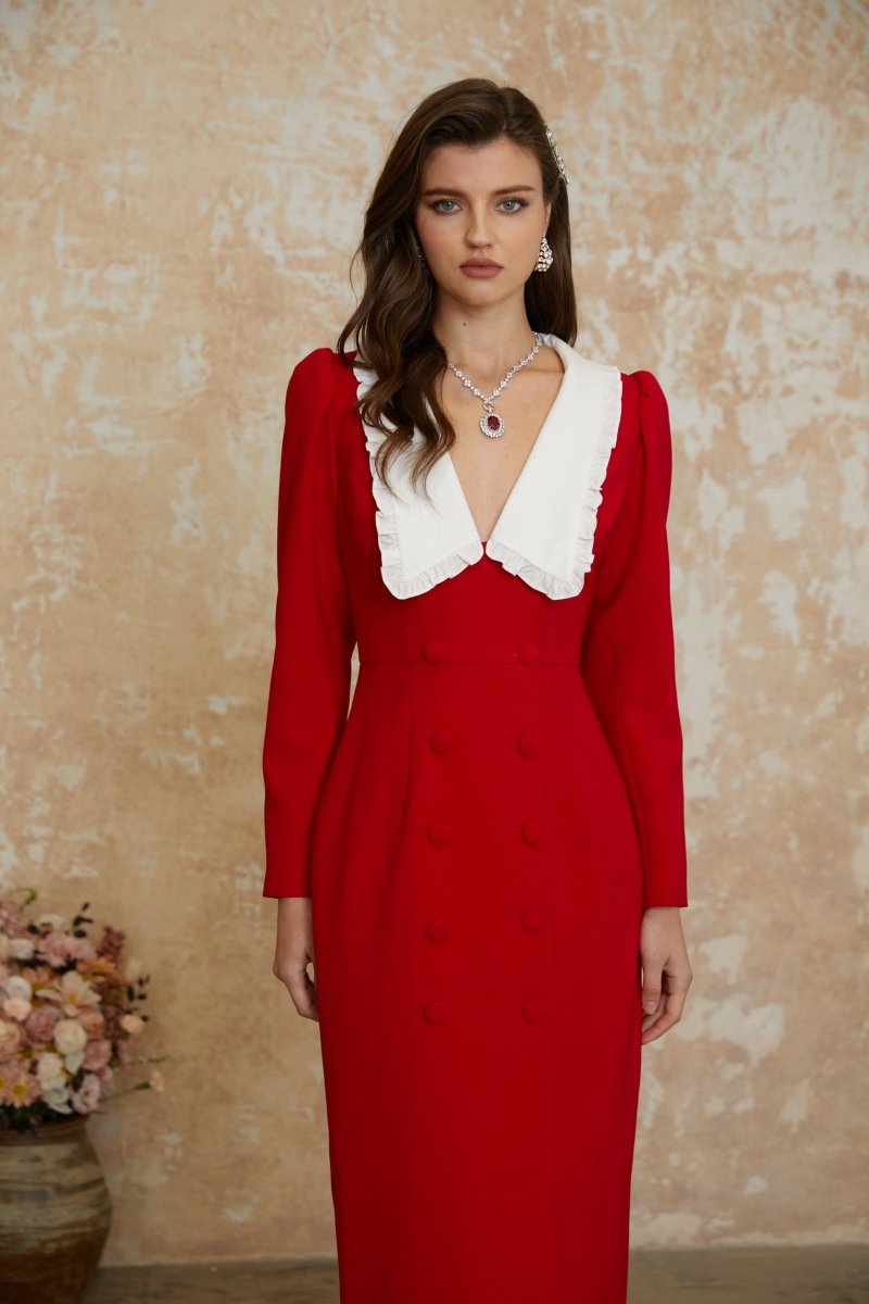 Kırmızı Kruvaze Blazer Midi Elbise - Phentora