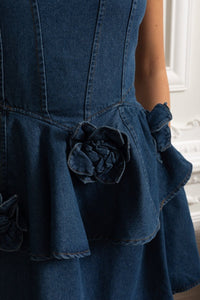 Denim Mini Elbise 3D Çiçek Desenli Detaylı - Mavi - Phentora