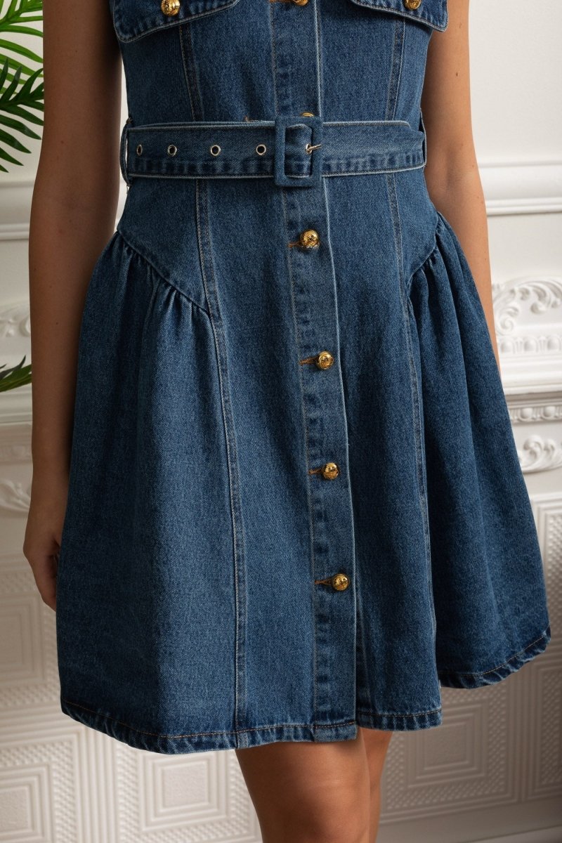 Denim Önden Düğmeli Mini Elbise - Mavi - Phentora