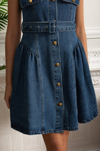 Denim Önden Düğmeli Mini Elbise - Mavi - Phentora