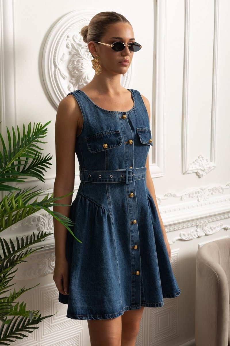 Denim Önden Düğmeli Mini Elbise - Mavi - Phentora