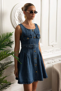 Denim Önden Düğmeli Mini Elbise - Mavi - Phentora