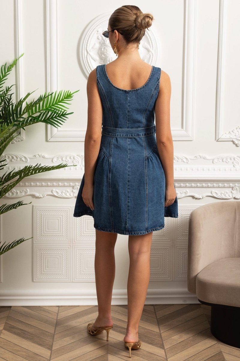 Denim Önden Düğmeli Mini Elbise - Mavi - Phentora