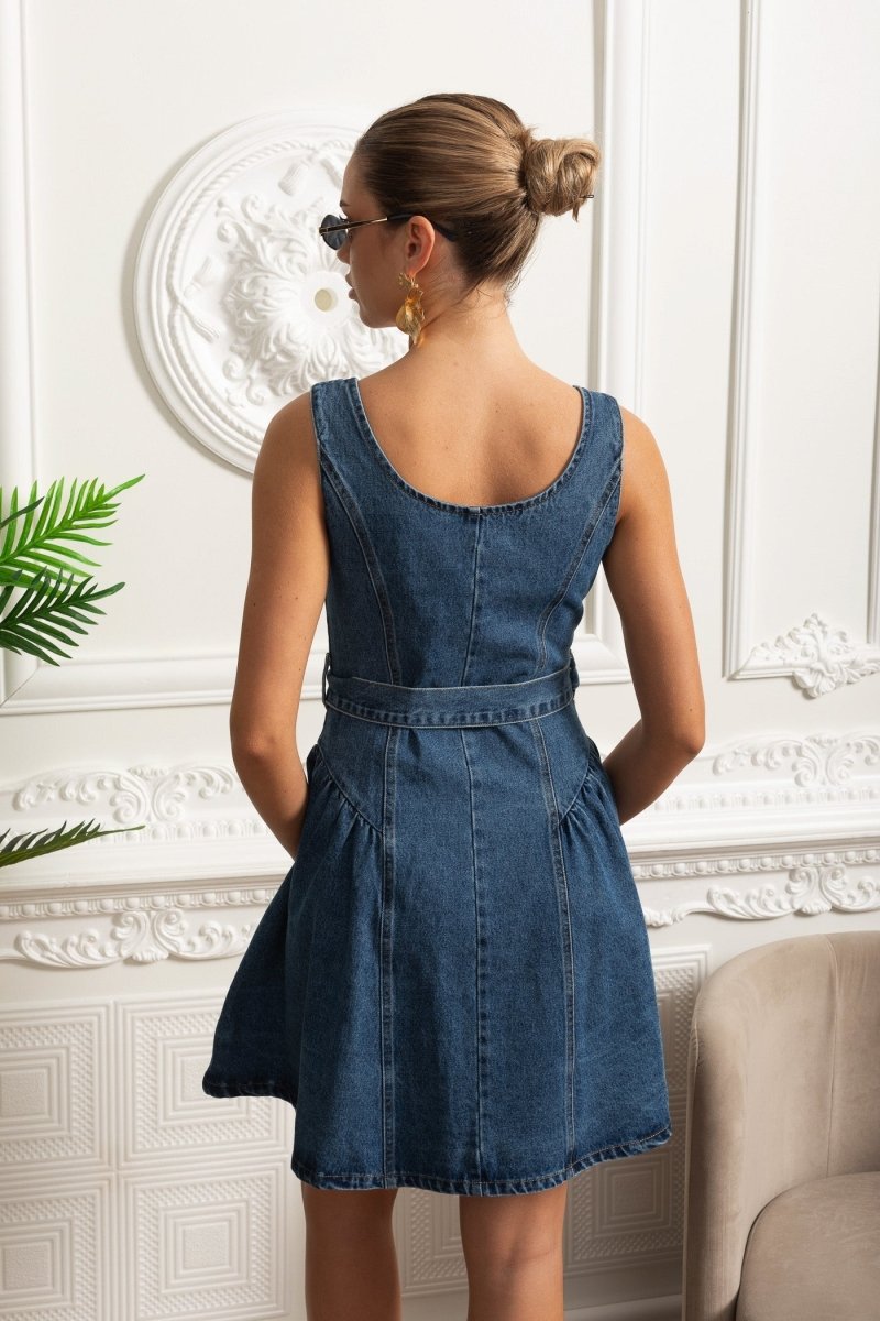 Denim Önden Düğmeli Mini Elbise - Mavi - Phentora