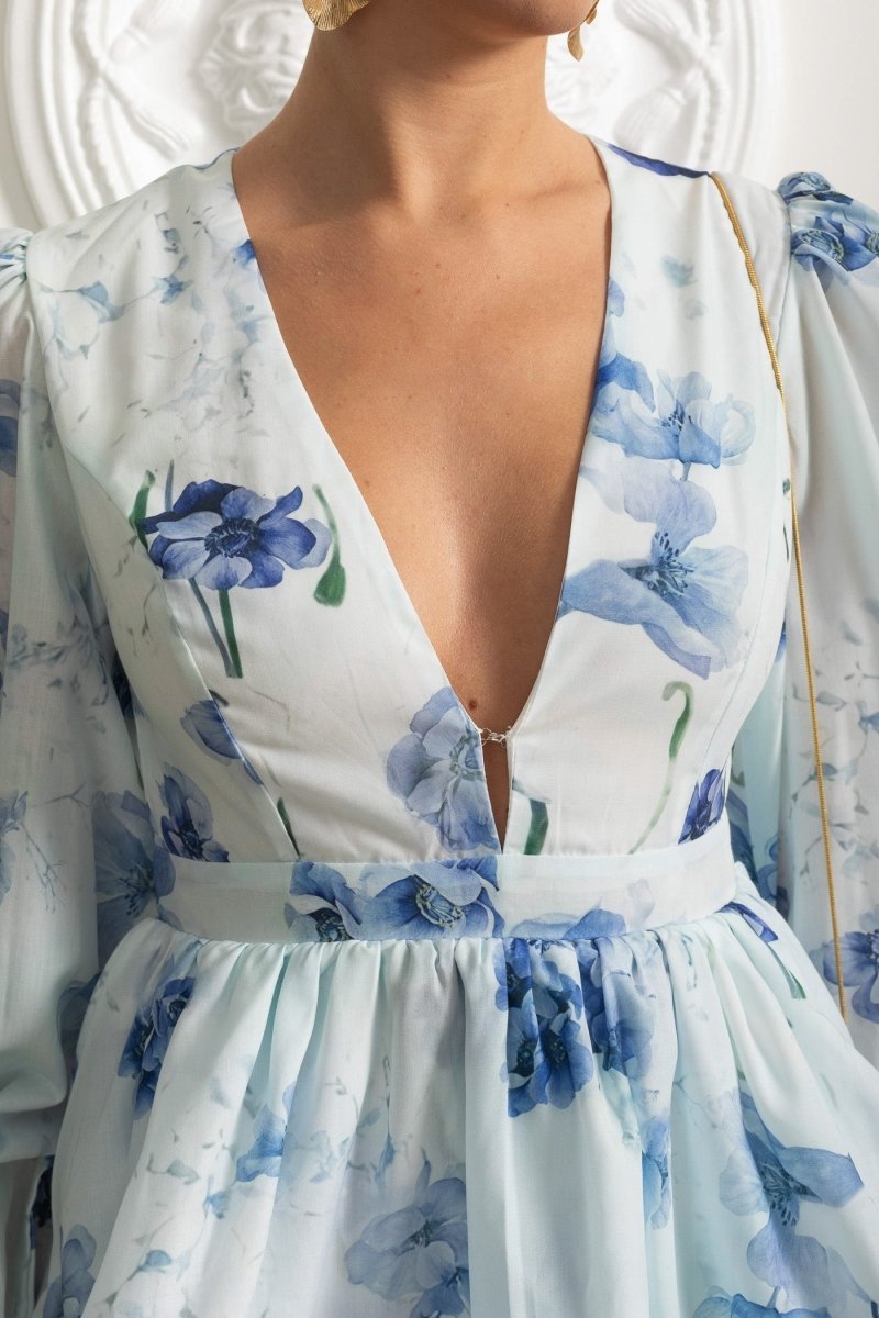 Romantic Mini Elbise ve Peplum Detaylı - Beyaz - Mavi - Phentora