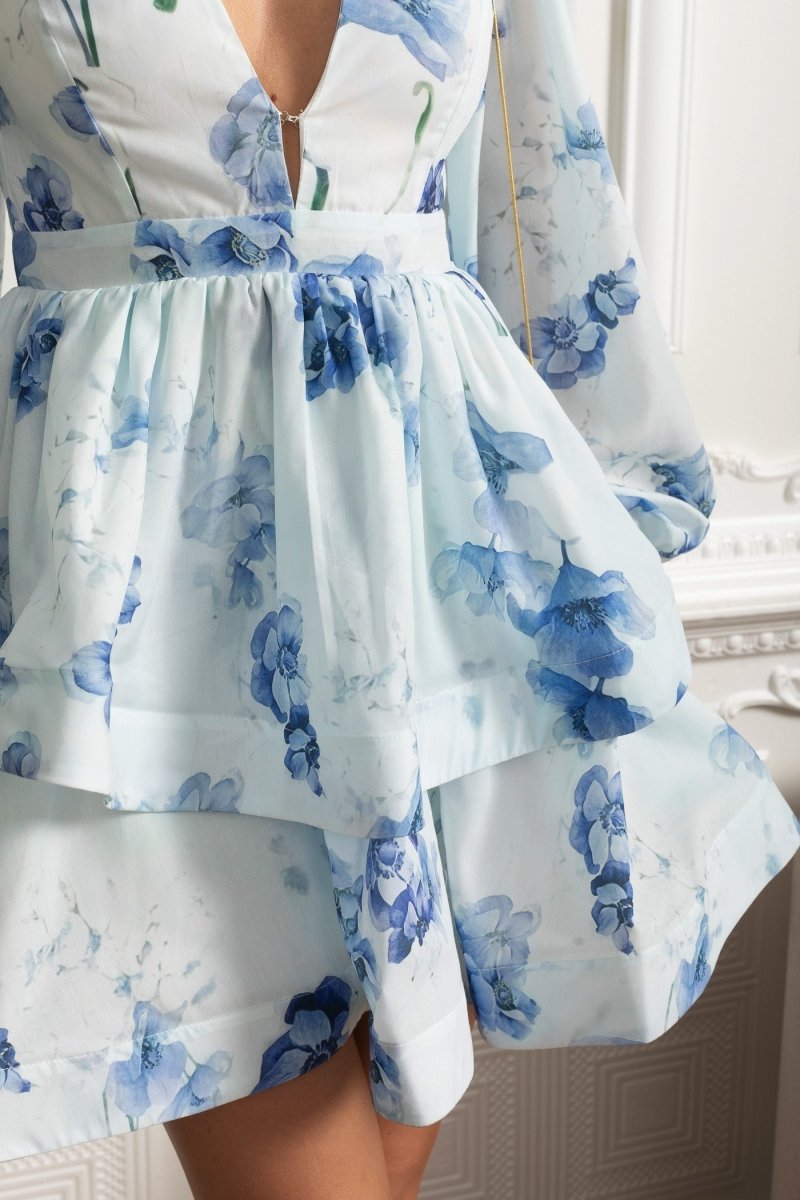 Romantic Mini Elbise ve Peplum Detaylı - Beyaz - Mavi - Phentora