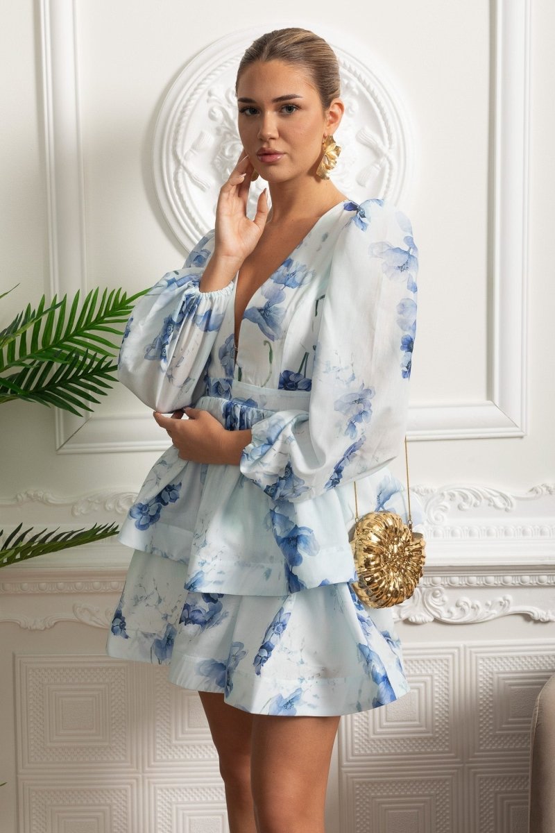 Romantic Mini Elbise ve Peplum Detaylı - Beyaz - Mavi - Phentora