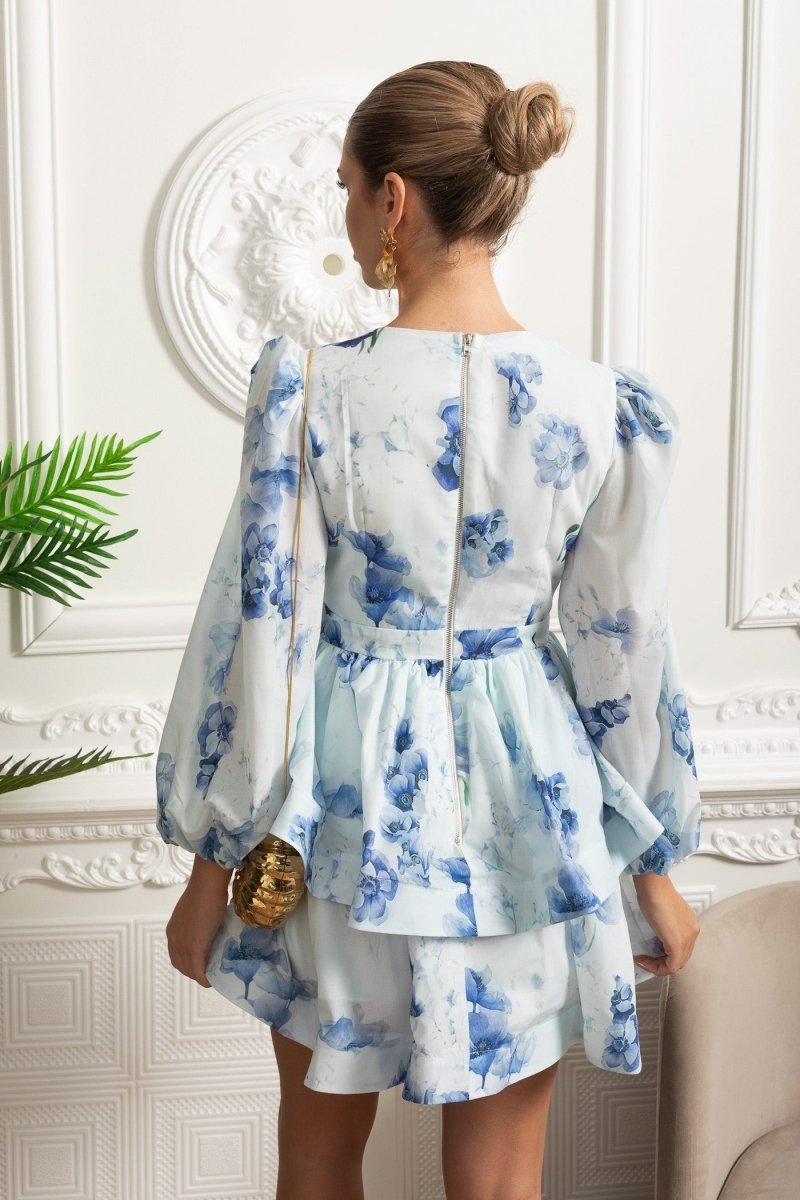 Romantic Mini Elbise ve Peplum Detaylı - Beyaz - Mavi - Phentora