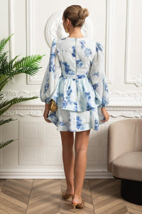 Romantic Mini Elbise ve Peplum Detaylı - Beyaz - Mavi - Phentora