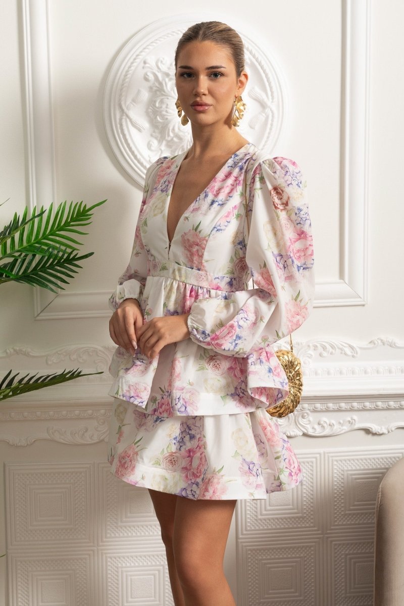 Romantic Mini Elbise ve Peplum Detaylı - Beyaz/Pembe - Phentora