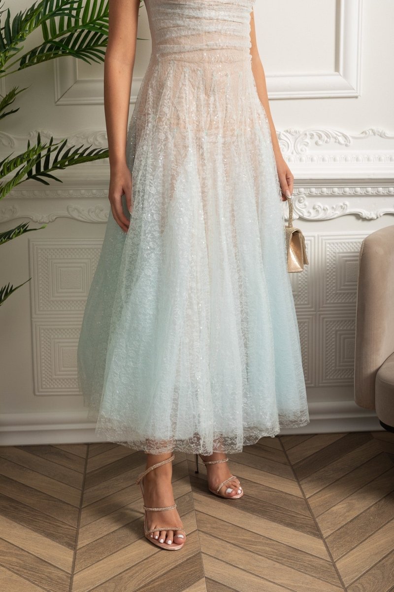 A Kesim Midi Elbise Shimmery Dokulu Katmanlı - Turquoise Geçişli Renkli - Phentora