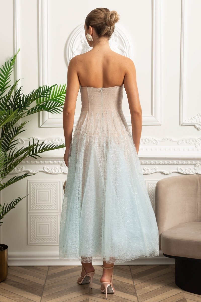 A Kesim Midi Elbise Shimmery Dokulu Katmanlı - Turquoise Geçişli Renkli - Phentora