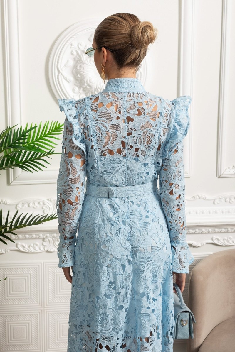 Midi Elbise Fırfırlı Omuz Detaylı ve Çiçek Desenli Detaylı - Mavi - Phentora