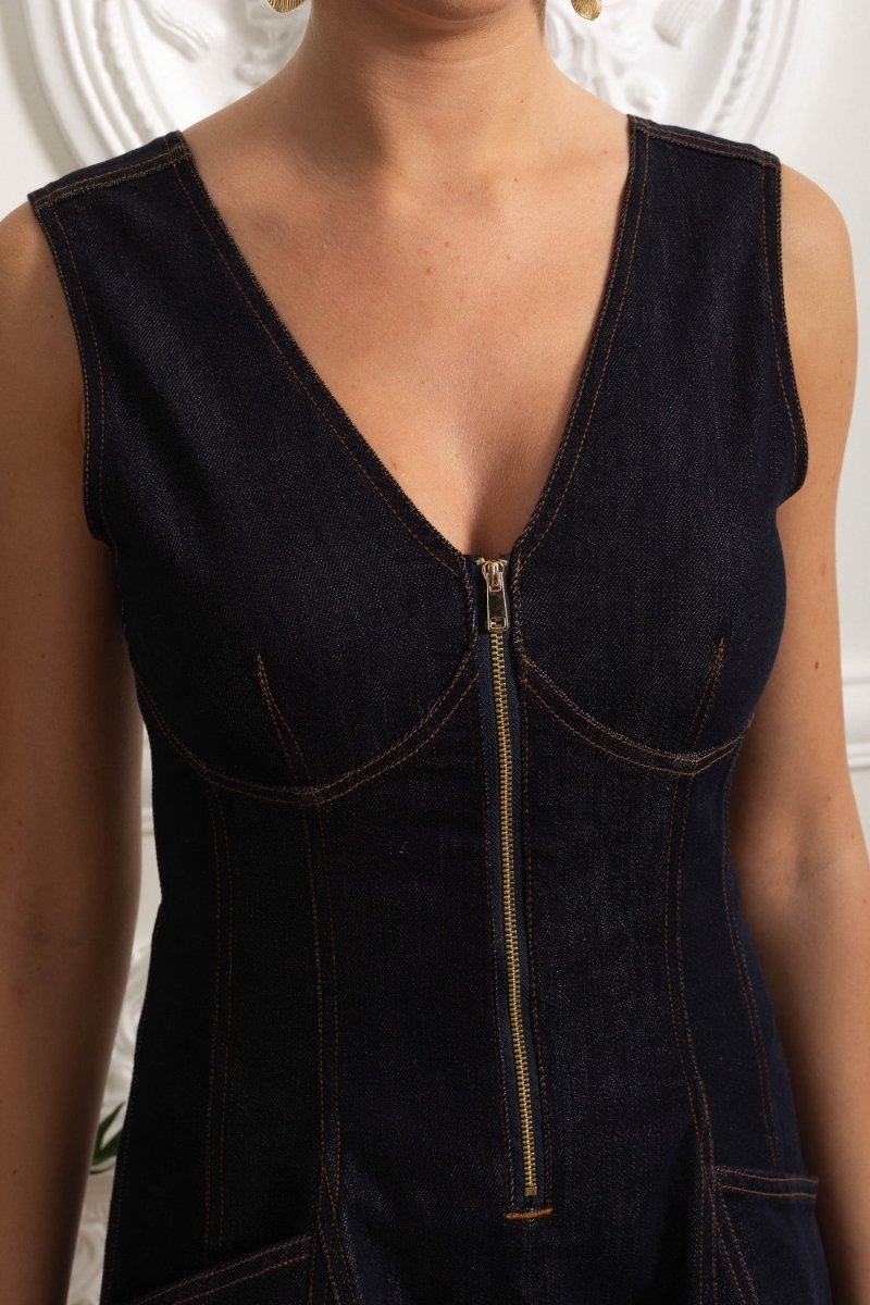 A Kesim Elbise Dikiş Detaylı ve Derin V Yaka - back - Koyu Denim - Phentora