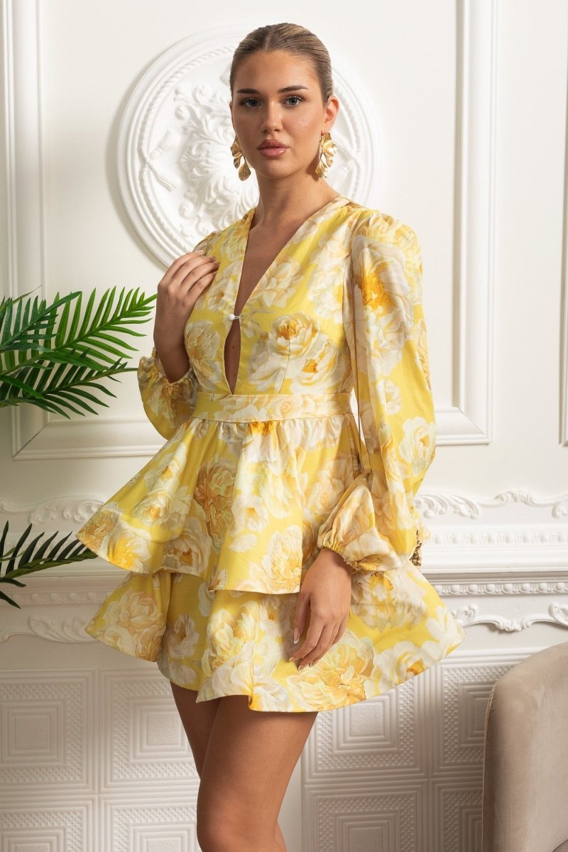Romantic Mini Elbise ve Peplum Detaylı - Sarı - Phentora