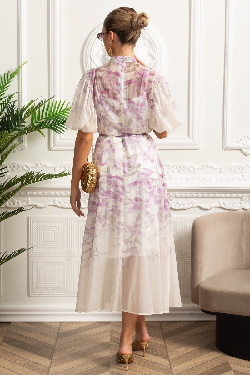 Silk Midi Gömlek Elbise Botanik Desenli ve Bağlama Kemer - Beyaz - Mor - Phentora