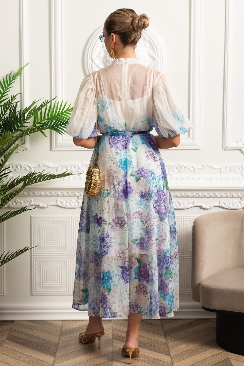 Silk Midi Gömlek Elbise Botanik Desenli ve Bağlama Kemer - Beyaz - Mavi - Phentora