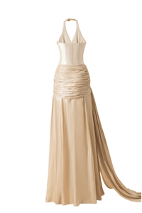 Bronz Boyundan Bağlamalı Saten Uzun Elbise Kurdele Detaylı - Phentora
