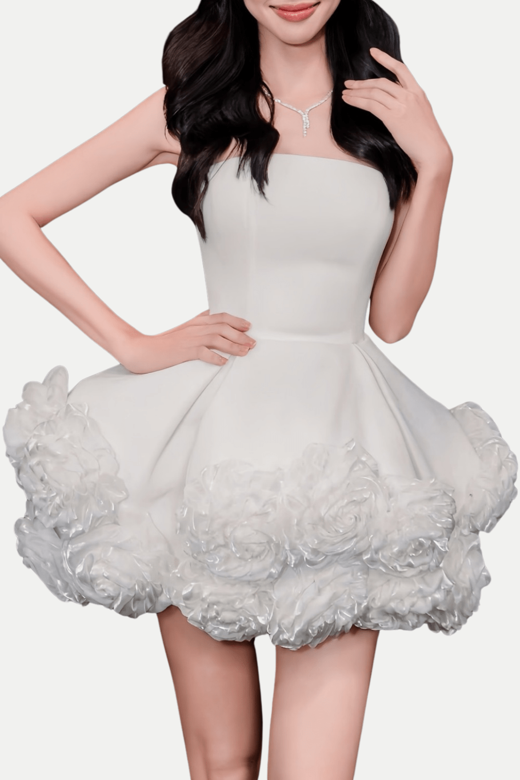 Sebast Flower Straplez Kadife Mini Elbise - Beyaz - Phentora