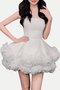 Sebast Flower Straplez Kadife Mini Elbise - Beyaz - Phentora