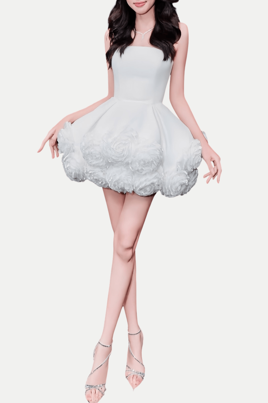Sebast Flower Straplez Kadife Mini Elbise - Beyaz - Phentora