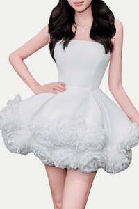 Sebast Flower Straplez Kadife Mini Elbise - Beyaz - Phentora