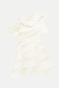 Shelyn Flower One Shoulder Fırfırlı Mini Elbise - Bej - Phentora