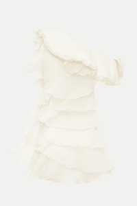 Shelyn Flower One Shoulder Fırfırlı Mini Elbise - Bej - Phentora