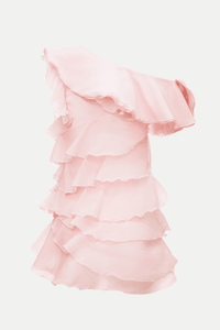 Shelyn Flower One Shoulder Fırfırlı Mini Elbise - Pembe - Phentora