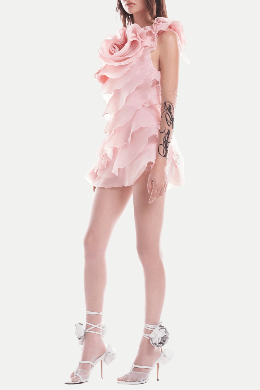 Shelyn Flower One Shoulder Fırfırlı Mini Elbise - Pembe - Phentora